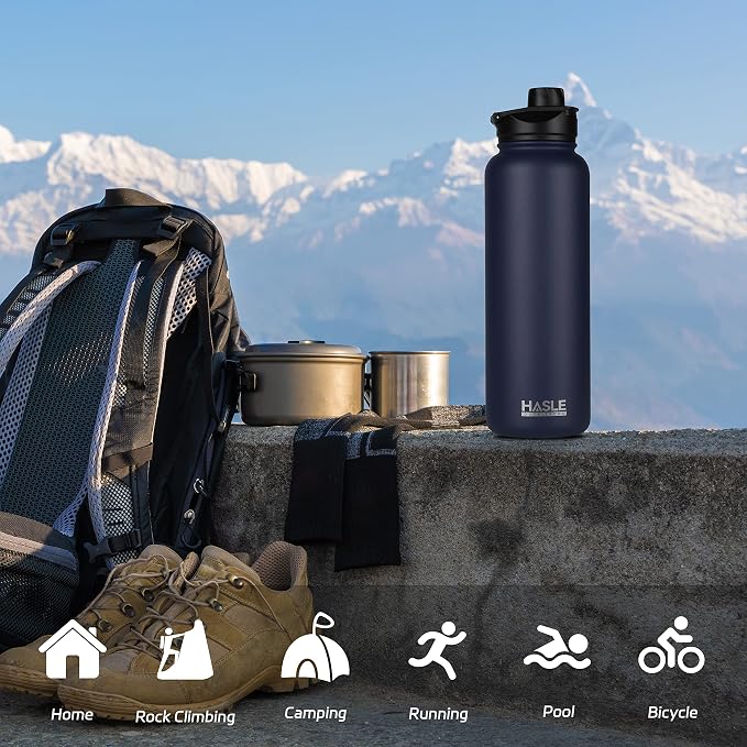 HASLE OUTFITTERS 40oz Stainless Steel Water Bottle, Vacuum Insulated Double Walled Leak Proof Sports Water Bottle with 2 Lids (Straw and Spout Lid) Thermo Mug Keep Cold and Hot(Navy,4)