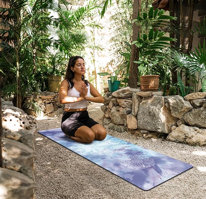 nuveti Printed Travel Yoga Mat 1/16 Inch Thick Non Slip Fitness Workout Mat | with Carrying Bag, Foldable Lightweight Suede & Natural Rubber Yoga Mat for Yoga Pilates and Fitness 72" L x 24" W x 1.5mm