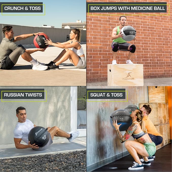 ProSource Soft Medicine Balls for CrossFit Wall Ball and Full Body Dynamic Exercises, Color-Coded Weights: 6, 8, 10, 14, 20, 25 lb.