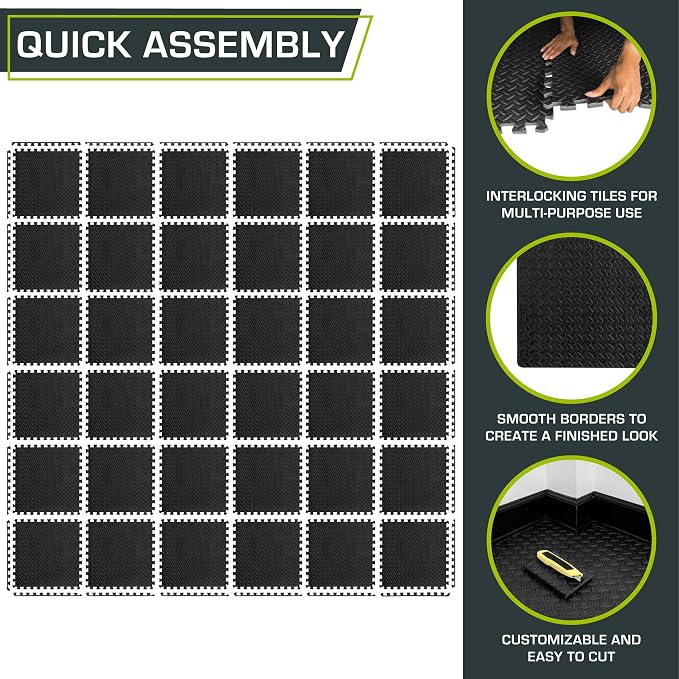 ProsourceFit Exercise Puzzle Mat ½-inch, EVA Interlocking Foam Floor Tiles for Home Gym, Workout Equipment, Kids Play Areas, Black, 144 SQ FT - 36 Tiles