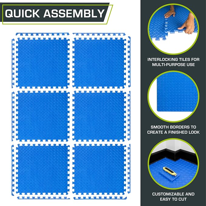 ProsourceFit Exercise Puzzle Mat ½-inch, EVA Interlocking Foam Floor Tiles for Home Gym, Workout Equipment, Kids Play Areas, Blue, 24 SQ FT - 6 Tiles