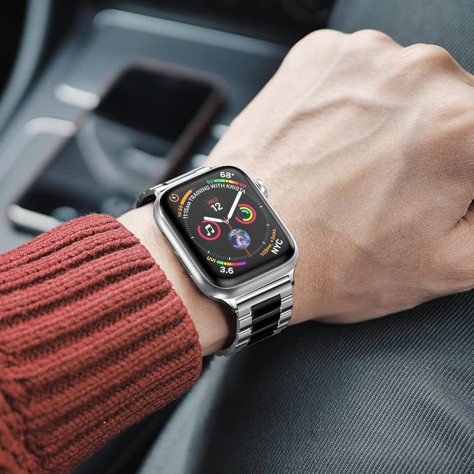 EPULY Compatible with Apple Watch Band 42mm 44mm 45mm 38mm 40mm 41mm, Business Stainless Steel Metal Wristband for iWatch SE & Series 7 6 5 4 3 2 for Men (Silver+Black, 45mm 44mm 42mm) | Stainless Steel Strap Suitable for Business Setting & Everyday We...