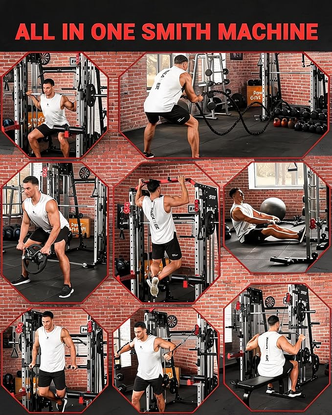 Garvee Smith Machine Home Gym, 2200LBS Power Cage Squat Rack with Smith Bar | With Cable Crossover, LAT Pull-Down & Leg Hold-Down - Multi-Functional Strength Training Equipment for Home, Red