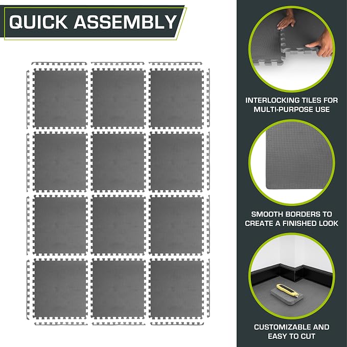 ProsourceFit Weaved Pattern Extra Thick Exercise Puzzle Mat 1-inch, EVA Foam Interlocking Tiles for Protective, Cushioned Flooring for Home and Gym Equipment; Gray, 48 SQ FT, 12 Tiles
