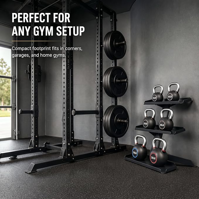 Zonon 3-tier Kettlebell Storage Rack, Alloy Steel Free Weight Organizer Stand for 5–50 lb Kettlebells, Compatible Dumbbell and Exercise Weight Holder for Home Gym, Garage, Apartment and Workout Room