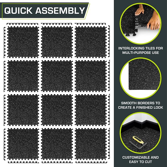 ProsourceFit Rubber Top Exercise Puzzle Mat ¾-inch, EVA Foam, Protective Interlocking Tiles for Home Gym Equipment and Workouts; Grey, 48 SQ FT, 12 Tiles