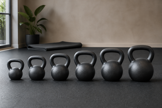 Unbranded kettlebells arranged from lightest to heaviest for comparing training weights