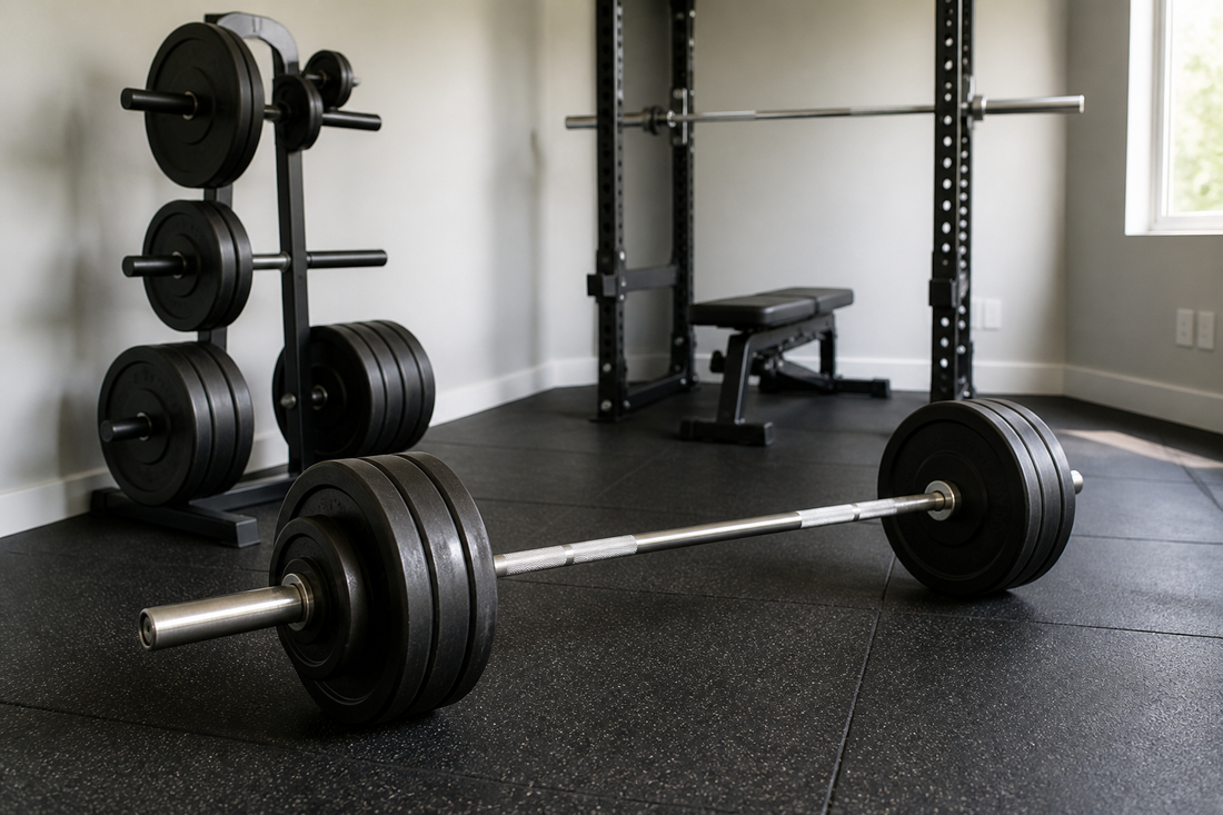 Barbell loaded with different weight plate sizes in a compact home gym