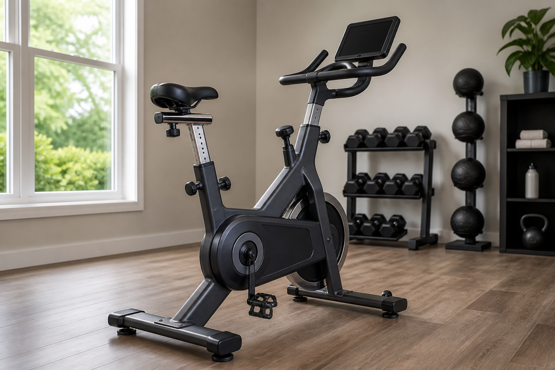 Stationary exercise bike in a tidy home gym ready for a maintenance inspection