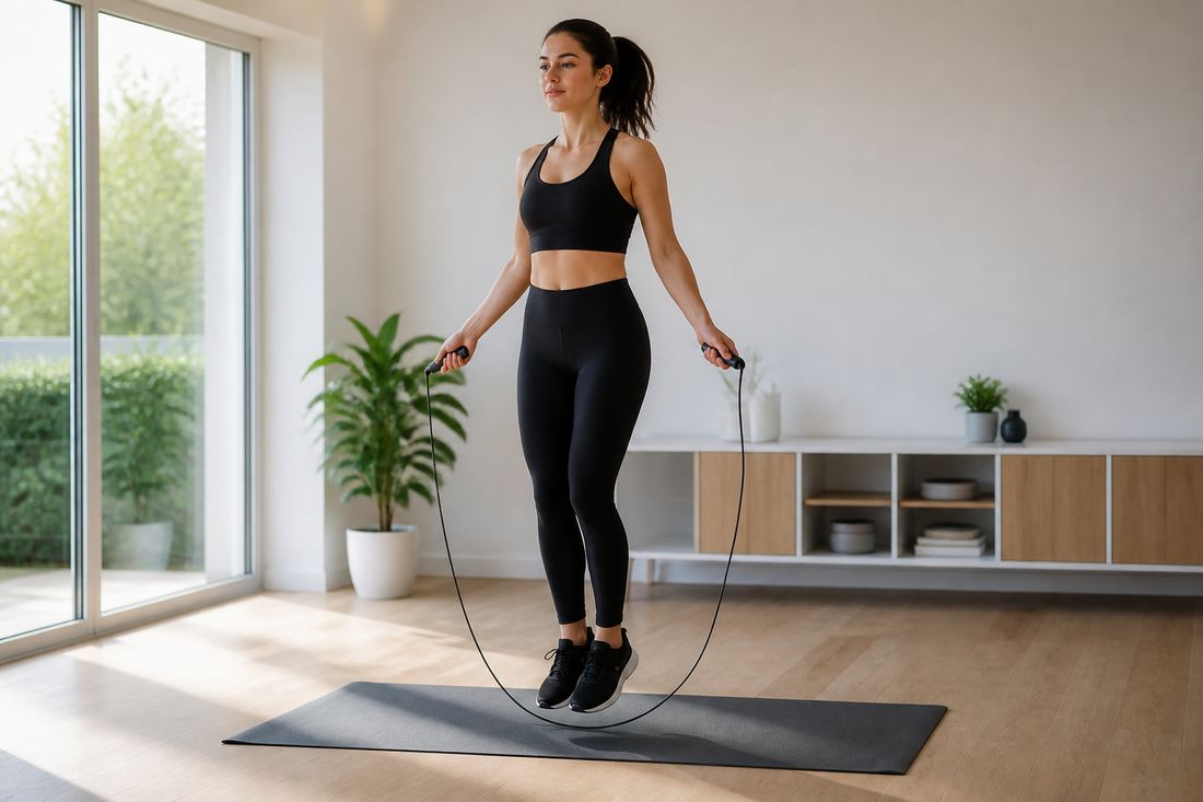 Beginner practicing a low two-foot bounce with a jump rope on an exercise mat