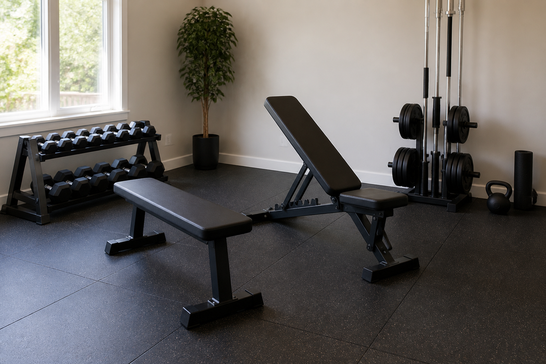 Flat, adjustable, and FID weight benches arranged in a home gym for comparison