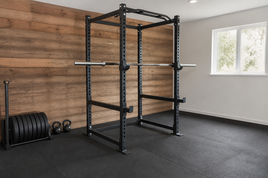 Home power rack assembled on protective flooring with an unloaded barbell and clear training space around it