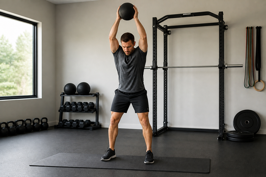 Beginner performing a controlled slam ball throw on a rubber exercise mat