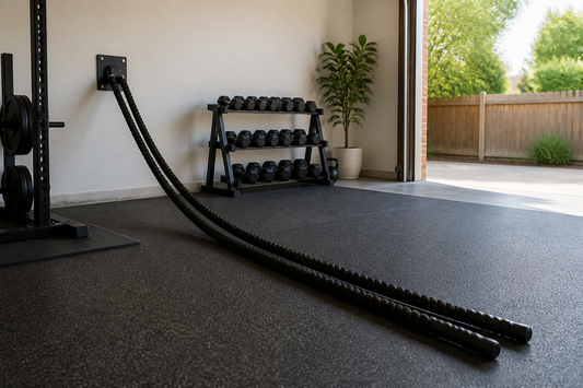 Battle rope set up from a wall anchor across a clear rubber exercise mat in a home training area
