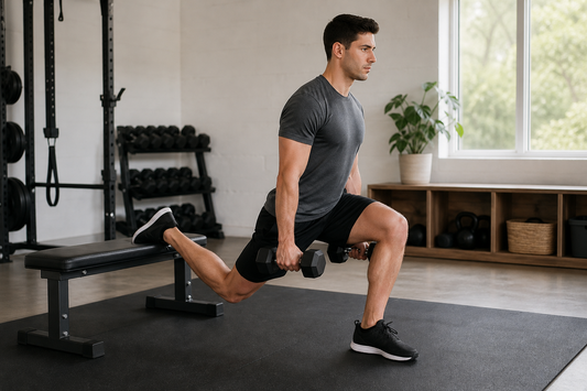 Athlete performing a controlled dumbbell Bulgarian split squat with the rear foot supported on a bench
