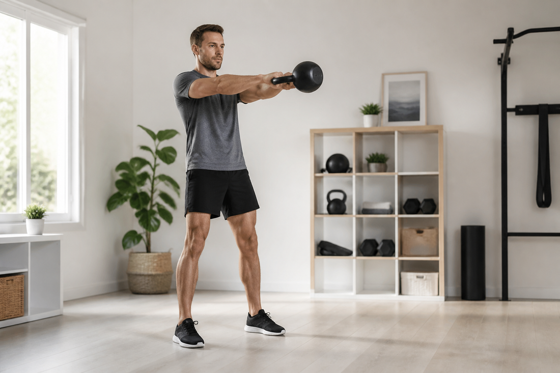 Person demonstrating a controlled two-hand kettlebell swing with a hip-driven motion