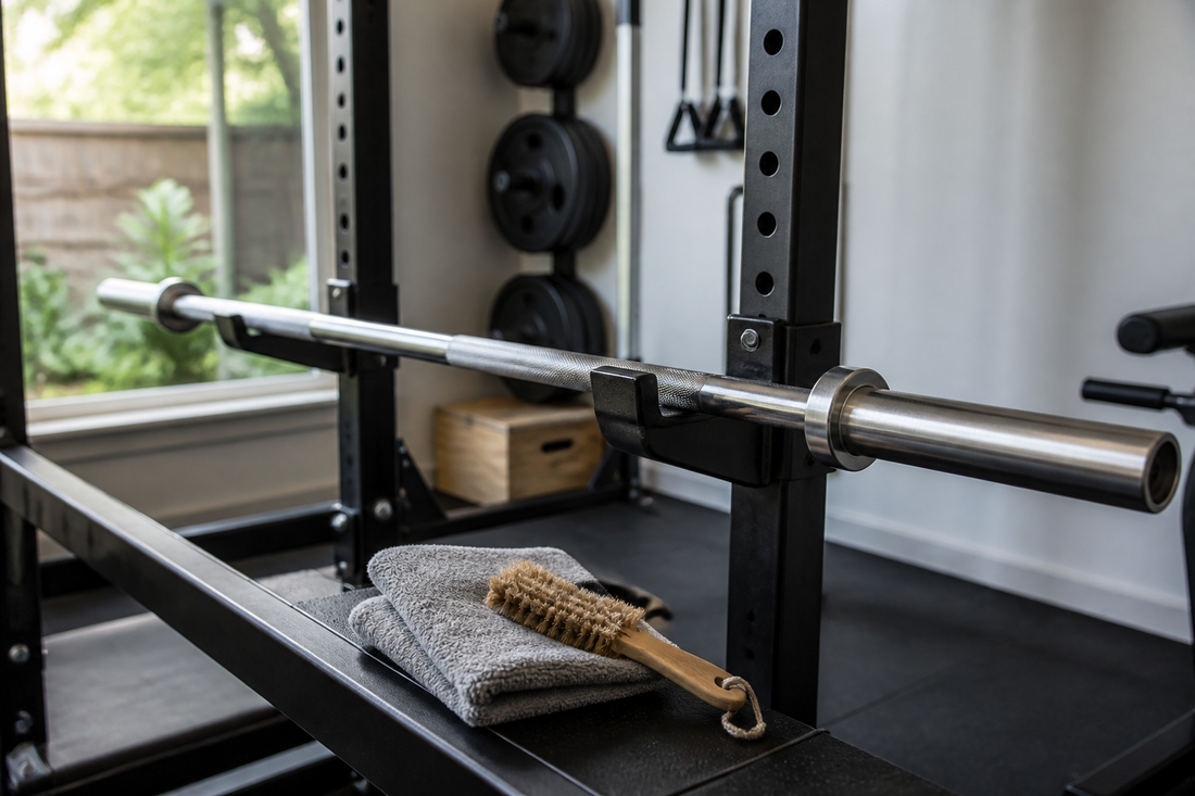 Home gym barbell resting on a rack beside a cleaning brush and dry cloth for routine maintenance