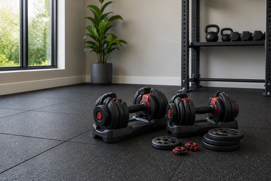 Adjustable dumbbells, weight plates, and collars arranged on a stable surface in an open home workout area