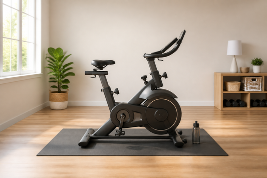 Stationary exercise bike placed with clear access space in a home workout room