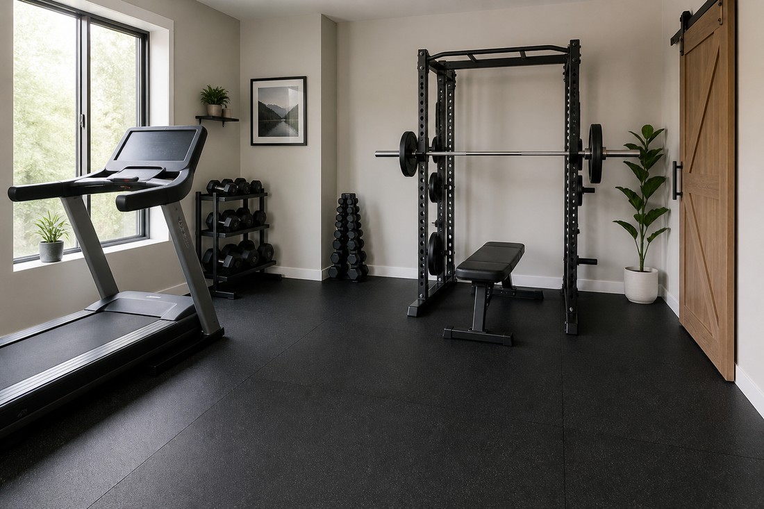 Home gym with continuous rubber flooring, treadmill, power rack, bench, and clear workout space