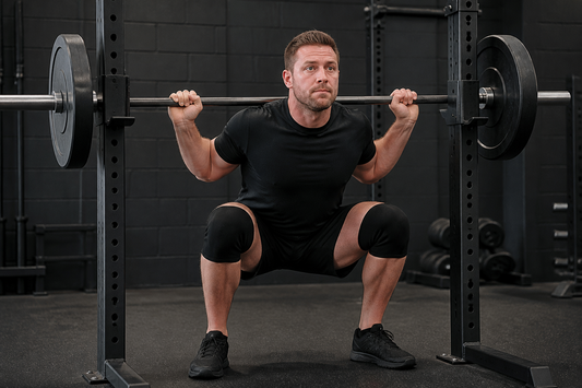 Lifter wearing plain black knee sleeves while performing a controlled barbell squat