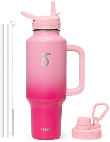 Trebo Insulated Water Bottle 40 oz Fits in Car Cup Holder with Side Handle | Stainless Steel Metal Tumbler with Straw Spout Lids, Triple-Wall Vacuum Copper Plated, Cold 48 Hrs Hot 24 Hrs for Travel, Gym
