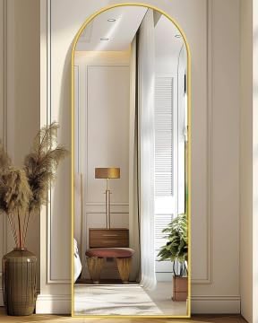 Antok Full Length Mirror, 59"x18" Floor Mirror with Stand, Hanging Mounted Mirrors for Bedroom, Living Room, Cloakroom, Dining Room, Gold, Arched