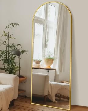 Antok Full Length Mirror, 59"x18" Floor Mirror with Stand, Hanging Mounted Mirrors for Bedroom, Living Room, Cloakroom, Dining Room, Gold, Arched