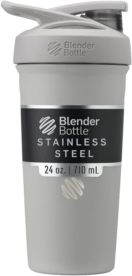 BlenderBottle Strada Shaker Cup Insulated Stainless Steel Water Bottle with Wire Whisk, 24-Ounce, Grey | Insulated