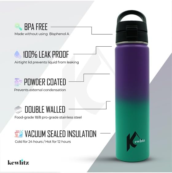 Insulated Stainless Steel Water Bottle 24oz (Purple Magic) – Double Wall Vacuum Wide Mouth Water Bottles with Carrying Lid – BPA Free Leak-Proof Flask for School, Sports & Travel