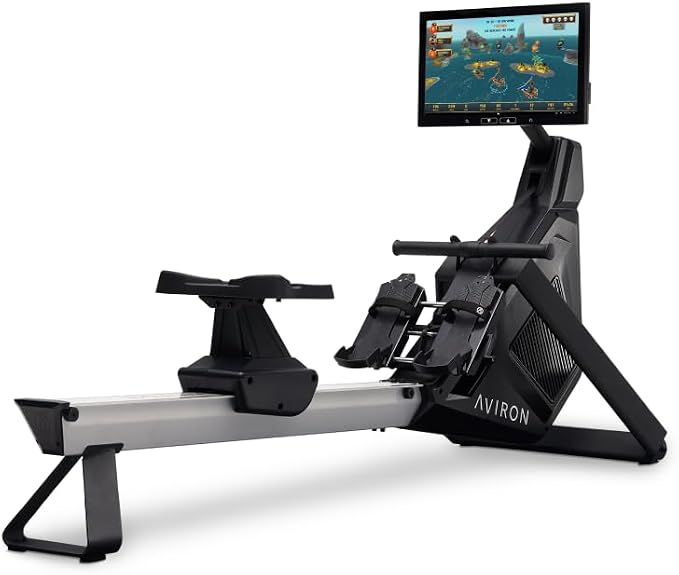 Strong Series Rower: 22" HD Touchscreen, Dual Air & Magnetic Resistance up to 100 lbs. Game-Based Workouts, Streaming, Compact Design, Black