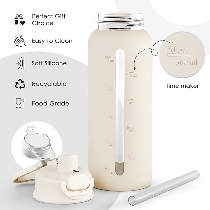 SANDJEST Glass Water Bottle with Silicone Sleeve 24oz with Lid, Motivational Time Marker, Drinking Hydration Glass Bottles for Men Women, Gym Travel Sports (Cream)