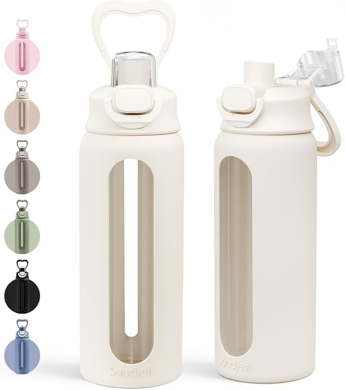 SANDJEST Glass Water Bottle with Silicone Sleeve 24oz with Lid, Motivational Time Marker, Drinking Hydration Glass Bottles for Men Women, Gym Travel Sports (Cream)