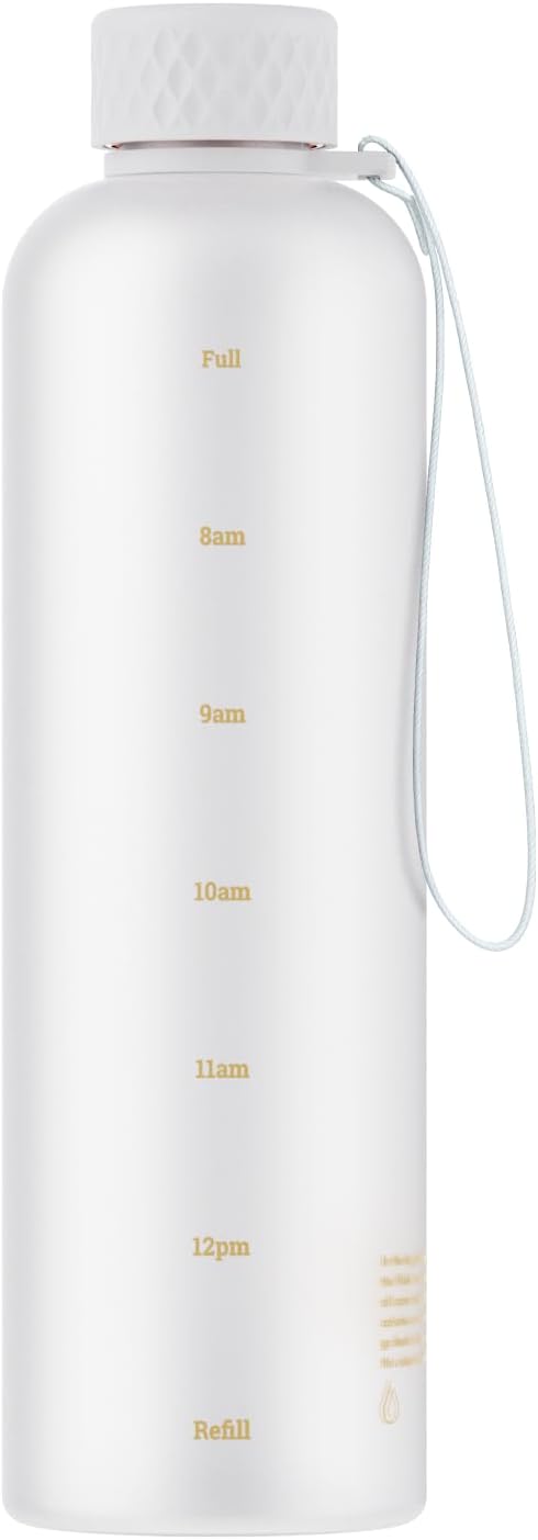Sursip Slim Water Bottle 42 oz, Leakproof with Time Marker and Strap | Lightweight, BPA-free reusable plastic bottle fits cup holders and is dishwasher safe for gym, school, sports and travel.