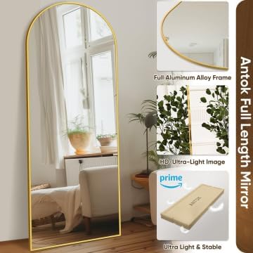 Antok Full Length Mirror, 59"x18" Floor Mirror with Stand, Hanging Mounted Mirrors for Bedroom, Living Room, Cloakroom, Dining Room, Gold, Arched