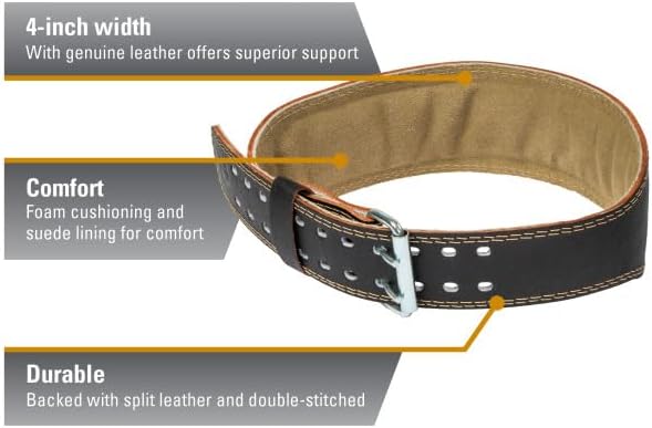 Harbinger Padded Leather Contoured Weightlifting Belt - 4" or 6” Width - Interior Suede Lining & Foam Cushioning - Heavy-Duty Dual Prong Steel Roller Buckle - for Lifting Support