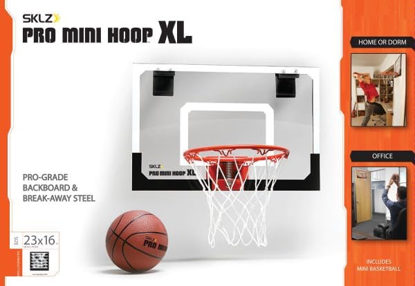 SKLZ Pro Mini Indoor Basketball Hoop with Ball, Over the Door, Shatter-Proof Backboard, Spring-Action Break-Away Steel Rim, Great for Home, Dorm Room, and Office