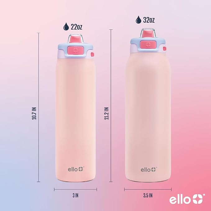 Ello Pop & Fill Insulated Stainless Steel Water Bottle with Quick Fill Lid, Leakproof Locking, Sip or Chug Spout, BPA-Free, Double Wall Vacuum Insulated for Sports, Travel & School- 22oz / 32oz / 40oz