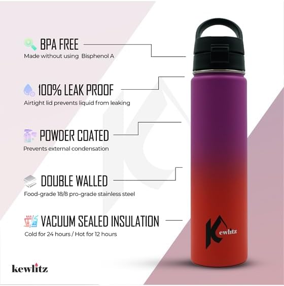 Insulated Stainless Steel Water Bottle 24oz (Fiery Red) – Double Wall Vacuum Wide Mouth Water Bottles with Carrying Lid – BPA Free Leak-Proof Flask for School, Sports & Travel