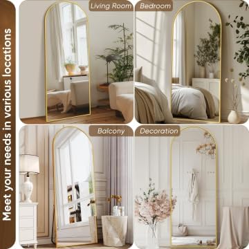 Antok Full Length Mirror, 59"x18" Floor Mirror with Stand, Hanging Mounted Mirrors for Bedroom, Living Room, Cloakroom, Dining Room, Gold, Arched