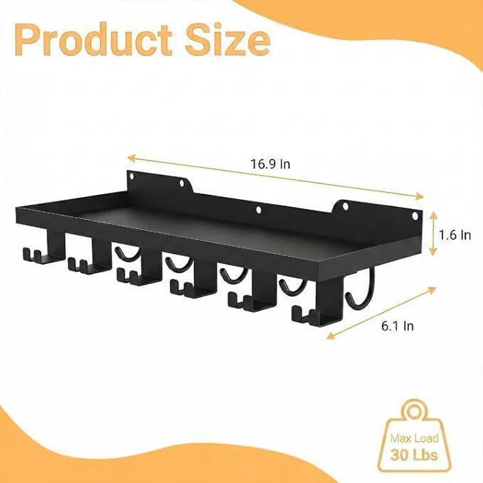 Floating Shelf Organizer Compatible with Tonal Accessories,16.9x6Home Gym Weight wall Storage Equipment Hanger, Metal Rack Holder Wall Mount with 5 T-Lock Brackets & Hooks Hanger (Black)