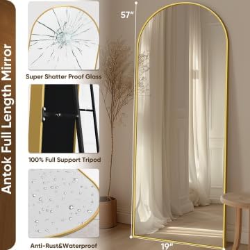 Antok Full Length Mirror, 59"x18" Floor Mirror with Stand, Hanging Mounted Mirrors for Bedroom, Living Room, Cloakroom, Dining Room, Gold, Arched