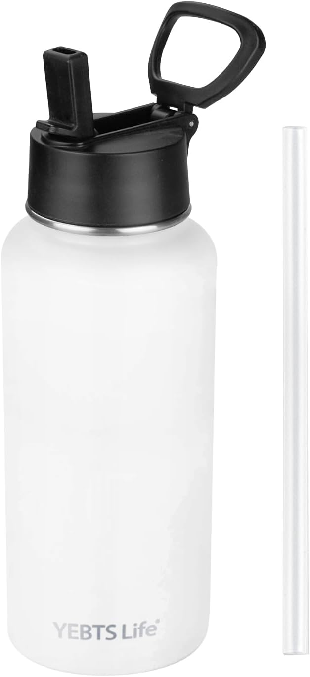 Insulated Water Bottle With Straw,32 oz Vacuum Insulated Stainless Steel Sports Water Flask,Keeps Cold and Hot,Metal Water Bottle Wide Mouth for Gym Travel Camping (White)