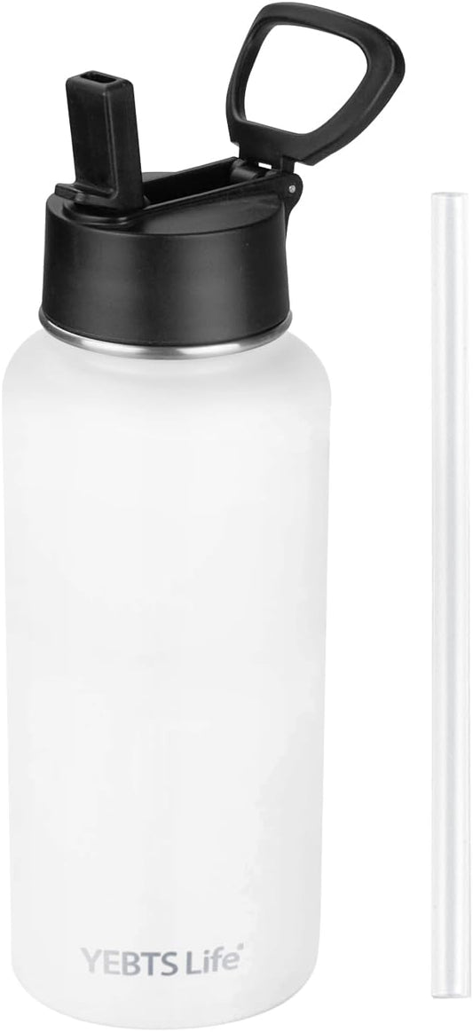 Insulated Water Bottle With Straw,32 oz Vacuum Insulated Stainless Steel Sports Water Flask,Keeps Cold and Hot,Metal Water Bottle Wide Mouth for Gym Travel Camping (White)