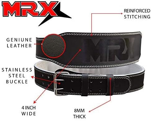 MRX Weight Lifting Belt Genuine Leather - 4 Inches Wide 8mm Thick Padded Lumbar Back Support Double Prong Powerlifting Belts Heavy Duty Deadlifts Workout Squats & Exercise Belt for Men & Women
