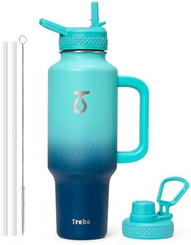 Trebo Insulated Water Bottle 40 oz Fits in Car Cup Holder with Side Handle | Stainless Steel Metal Tumbler with Straw Spout Lids, Triple-Wall Vacuum Copper Plated, Cold 48 Hrs Hot 24 Hrs for Travel, Gym