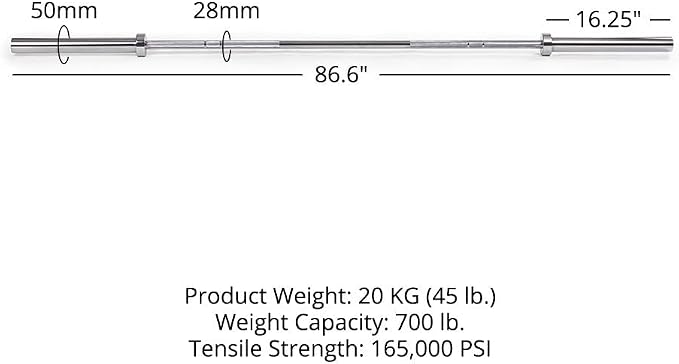 Titan Fitness Performance Series 20 KG Olympic Bar, 700 LB Capacity, 28mm Shaft, Chrome Finish, Bronze Bushings and Precision Medium Volcanic Knurling, Olympic Strength Training Barbell
