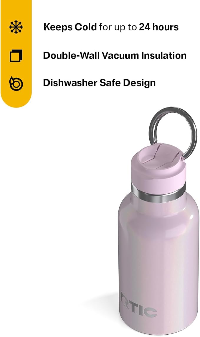 RTIC Little Journey Water Bottle with Straw, Ceramic-Lined, Insulated, Stainless Steel, Metal, Double Wall Vacuum-Insulation, Leak-Proof Lid, BPA-Free Water Flask for Sports, Travel, Pale Pink Glitter