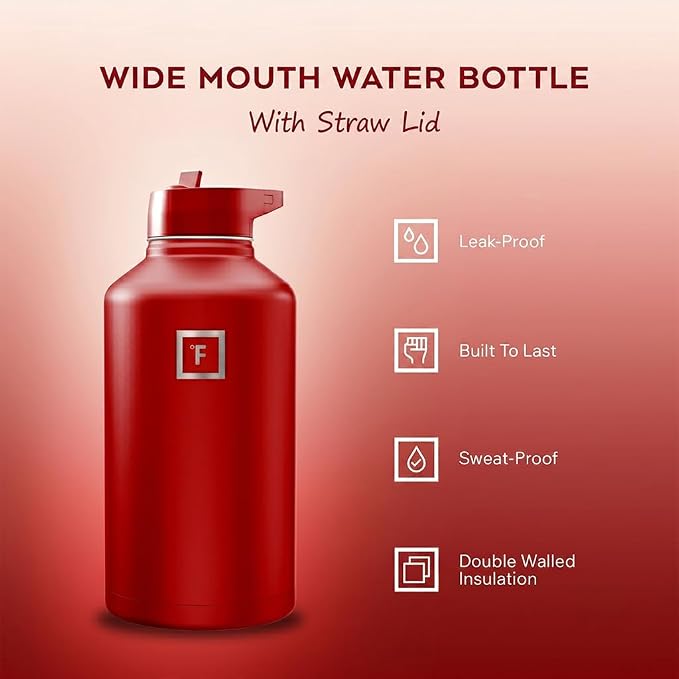 IRON °FLASK 64 oz Wide Mouth Water Bottle with Straw | Insulated Half Gallon Water Bottle with Leakproof Straw Lid - BPA Free, Cold 24 Hrs, Sweat Free (Fire Red)