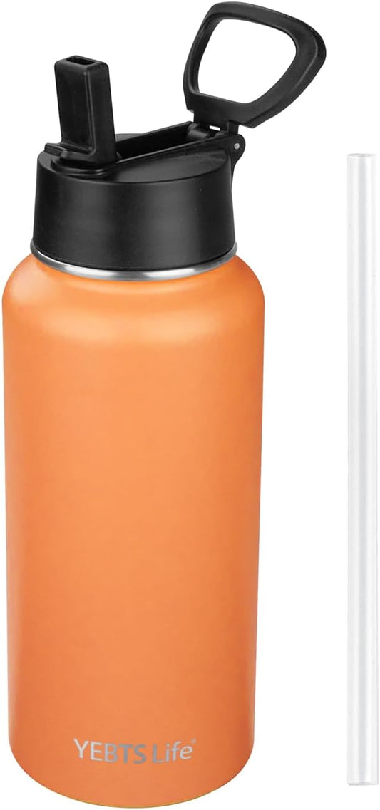 Insulated Water Bottle With Straw,32 oz Vacuum Insulated Stainless Steel Sports Water Flask,Keeps Cold and Hot,Metal Water Bottle Wide Mouth for Gym Travel Camping (Orange)